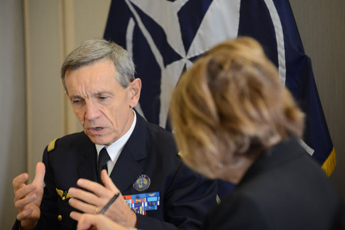 Supreme Allied Commander Transformation French Air Force General Jean-Paul Paloméros answers questions from a reporter during an interview at the 2014 Chiefs of Transformation Conference. Photo by ACT PAO.