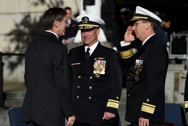 WASHINGTON (Nov. 18, 2016) Rear Adm. David J. Hahn, right, reports to the Hon. Sean Stackley, assistant secretary of the Navy (research, development and acquisition), after relieving Rear Adm. Mat W. Winter as the chief of naval research (CNR) during a change-of-command ceremony at the U.S. Navy Memorial in Washington, D.C. Hahn, a decorated submarine commander and naval acquisition officer, will head the Office of Naval Research (ONR) and oversee the roughly $2 billion Department of the Navy budget for naval science and technology programs. Winter, a decorated aviator with advanced degrees in both computer science and national resource strategy, will be joining the F-35 Joint Program Office as deputy director, Joint Strike Fighter Program. U.S. Navy photo by John F. Williams/Released 


