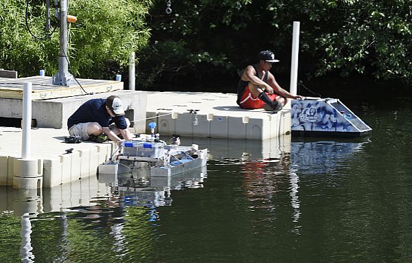 VIRGINIA BEACH, Va (July 10, 2015) Two teams from Old Dominion University in Norfolk, Va., take part in a practice session during the international RoboBoat competition in Virginia Beach, Va. During the event, sponsored by the AUVSI Foundation and Office of Naval Research, student teams race autonomous surface vehicles of their own design through an aquatic obstacle course. U.S. Navy photo by John F. Williams.
