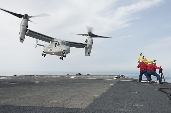 MEDITERRANEAN SEA (May 23, 2016) An MV-22B Osprey of Marine Medium Tiltroter Squadron (VMM) 263 takes off from the flight deck of USS Mount Whitney (LCC 20).  This is the first time in history an osprey has landed on a Blue Ridge-class amphibious command ship. U.S. Navy photo by Mass Communication Specialist Seaman Alyssa Weeks.
