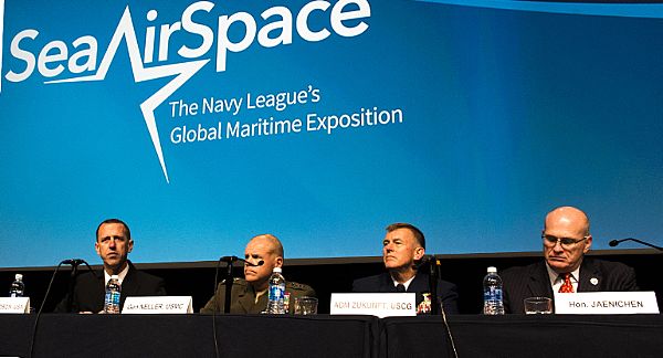 NATIONAL HARBOR, Md. (May 16, 2016) Chief of Naval Operations (CNO) Adm. John Richardson, left, Commandant of the U.S. Marine Corps Gen. Robert Neller, Commandant of the U.S. Coast Guard Adm. Paul K. Zukunft, and Paul N. Jaenichen, administrator of the U.S. Maritime Administration, speak during their "Service Chief's Update" panel discussion at the Sea-Air-Space Exposition. The annual event brings together key military decision makers, the U.S. defense industrial base and private-sector U.S. companies for an innovative and educational maritime based event. U.S. Navy photo by Mass Communication Specialist 2nd Class Dustin Knight.