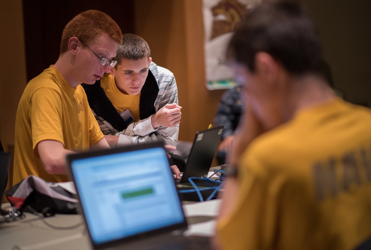 CHARLESTON, S.C. (April 9, 2016) A team of students from South Aiken High School protects their network from Red Team hackers during the fourth annual Palmetto Cyber Defense Competition (PCDC), held at Trident Technical College in North Charleston, S.C. The competition, which helps to attract and grow our future cyber workforce, was hosted by Space and Naval Warfare Systems Center (SSC) Atlantic in collaboration with the South Carolina Lowcountry Chapter of AFCEA.  U.S. Navy photo by Joe Bullinger