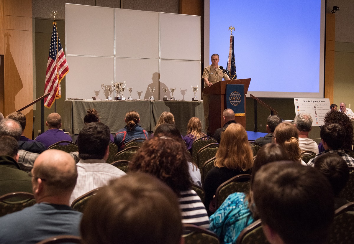 CHARLESTON, S.C. (April 9, 2016) Capt. Scott Heller, Commanding Officer of Space and Naval Warfare Systems Center (SSC) Atlantic addresses competitors and attendees at the fourth annual Palmetto Cyber Defense Competition (PCDC), held at Trident Technical College in North Charleston, S.C. The competition, which helps to attract and grow our future cyber workforce, was hosted by Space and Naval Warfare Systems Center (SSC) Atlantic in collaboration with the South Carolina Lowcountry Chapter of AFCEA.  U.S. Navy photo by Joe Bullinger