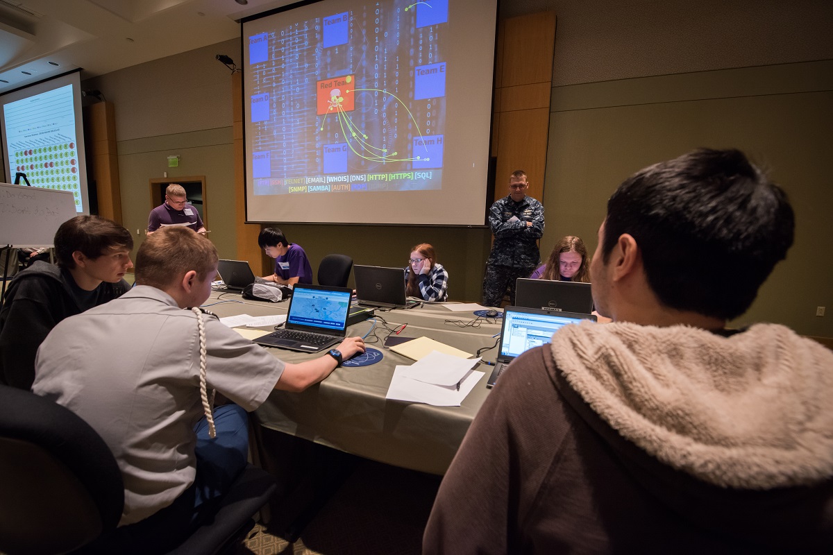 CHARLESTON, S.C. (April 9, 2016) A team from Stratford High School in Goose Creek protects their network from Red Team hackers during the fourth annual Palmetto Cyber Defense Competition (PCDC) at Trident Technical College in North Charleston, S.C. The competition, which helps to attract and grow our future cyber workforce, was hosted by Space and Naval Warfare Systems Center (SSC) Atlantic in collaboration with the South Carolina Lowcountry Chapter of AFCEA. U.S. Navy photo by Joe Bullinger 