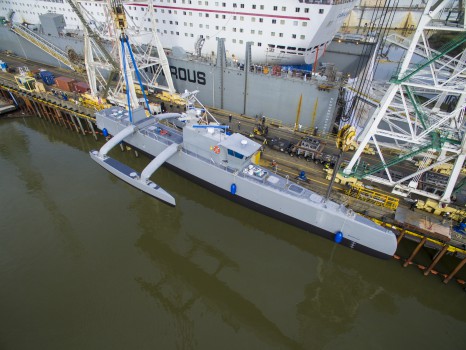 The Defense Advanced Research Projects Agency launched the technology demonstration vessel it designed, developed and built through its anti-submarine warfare continuous trail unmanned vessel program, or ACTUV, on Feb. 17, 2016, in Portland, Ore. DARPA photo
