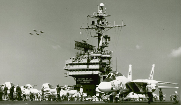 A Grumman F-14A Tomcat from VF-14 prepares to launch from John F. Kennedy’s No. 2 catapult on Aug. 28, 1975, during the ship’s Mediterranean deployment. Navy photo by Mate 3d Class T. Beitz  