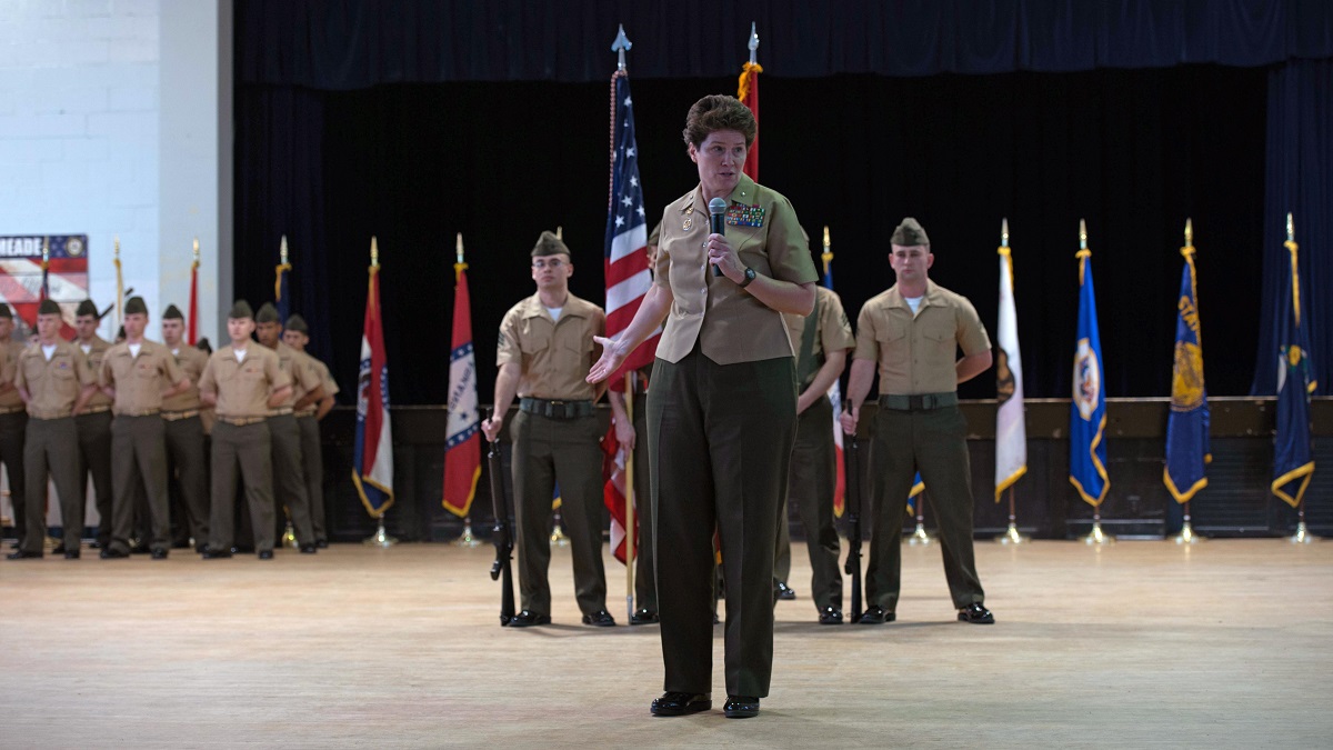 FORT GEORGE G. MEADE, Maryland - Brig. Gen. Lori E. Reynolds, the commanding general of Marine Forces cyberspace Command, speaks to the audience during the activation of command ceremony of Marine Corps Cyberspace Warfare Group at Fort George G. Meade, Maryland, March 25, 2016. The mission of MCCYWG is to man, train and equip Marine Cyberspace mission teams to perform both defensive and offensive cyber operations in support of United States Cyber Command and Marine Forces Cyberspace Command. Photo by Sgt. Eric Keenan