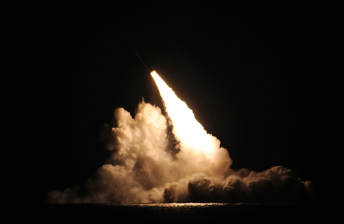 PACIFIC OCEAN (Nov. 7, 2015) A trident II D-5 ballistic missile is launched from the Ohio-class ballistic missile submarine USS Kentucky (SSBN 737) during a missile test at the Pacific Test Range. The launch, the 156th successful test flight of an unarmed Trident II D5 missile, was part of a Demonstration and Shakedown Operation (DASO) in the Pacific Test Range to validate the readiness and effectiveness of an SSBN’s crew and weapon system. U.S. Navy photo 