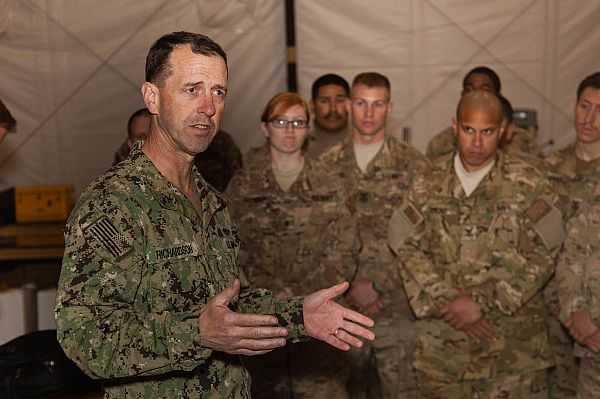 ERBIL, Iraq (March 8, 2016) Chief of Naval Operations (CNO) Adm. John Richardson addresses sailors assigned to Helicopter Sea Combat Squadron (HSC) 5 during a visit to Erbil, Iraq. Richardson visited the squadron in order to talk with the sailors and observe their capabilities as they support Combined Joint Task Force - Operation Inherent Resolve (CJTF-OIR). CJTF-OIR aims to train and equip Iraqi Security Forces to fight the Islamic State of Iraq and the Levant while leveraging U.S. and coalition airpower to halt the terrorist's momentum. U.S. Army photo by Cpl. Jake Hamby.