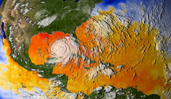 Warm water in the Gulf of Mexico and the Caribbean during the late summer months helps to fuel hurricanes. Photo courtesy of NASA.