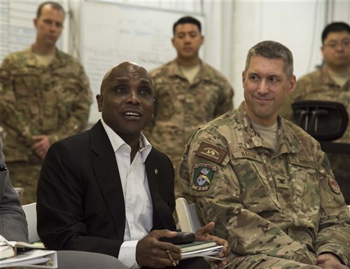 Ambassador Issimail Chanfi, Eastern Africa Standby Force (EASF) director, speaks to Airmen from the Combined Joint Task Force-Horn of Africa’s Tactical Communications Directorate Oct. 27, 2015 at Camp Lemonnier, Djibouti. Chanfi was shown available strategies for communication in remote locations or those affected by disaster where infrastructures are damaged.