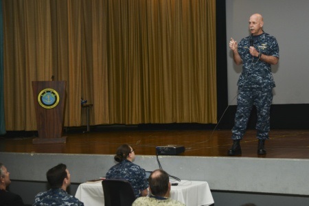 PEARL HARBOR, Hawaii (Feb. 9, 2016) Adm. Scott Swift, commander of U.S. Pacific Fleet, delivers opening remarks during the Fleet Cybersecurity Waterfront Training Symposium at Joint Base Pearl Harbor-Hickam, Hawaii. The purpose of the symposium is to provide Hawaii-based afloat and ashore leadership and cybersecurity workforce personnel with training and information for improving cybersecurity readiness.  U.S. Navy photo by Mass Communication Specialist 2nd Class Tamara Vaughn 