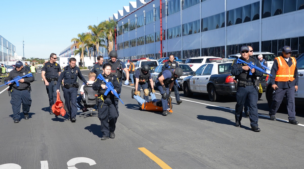 SAN DIEGO (Feb. 4, 2016) First responders evacuate a simulated casualty during a force protection exercise on board Naval Base Point Loma’s Space and Naval Warfare Systems Command Old Town Complex (SPAWAR OTC).  Government employees, military, federal and local law enforcement first responders participated in the joint training exercise.  U.S. Navy photo by Rick Naystatt  