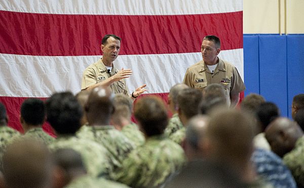 BAHRAIN (Oct. 18, 2015) Chief of Naval Operations (CNO) Adm. John Richardson and Master Chief Petty Officer of the Navy (MCPON) Mike Stevens answer Sailors' questions during an all-hands call as part of their visit to Naval Support Activity Bahrain. Stevens and Richardson are in Bahrain as part of their round-the-world tour, visiting Sailors in Hawaii, South Korea and Japan. U.S. Navy photo by Mass Communication Specialist 1st Class Martin L. Carey.