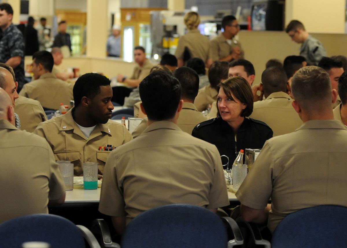PENSACOLA, Fla. (Jan. 15, 2016) Rear Adm. Nancy A. Norton, director of Warfare Integration for Information Dominance (OPNAV N2/N6F), discusses the information warfare (IW) community and training with students at the Center for Information Dominance Unit Corry Station. Norton visited operational and training commands for the IW community in Pensacola, Fla.  U.S. Navy photo by Carla M. McCarthy 