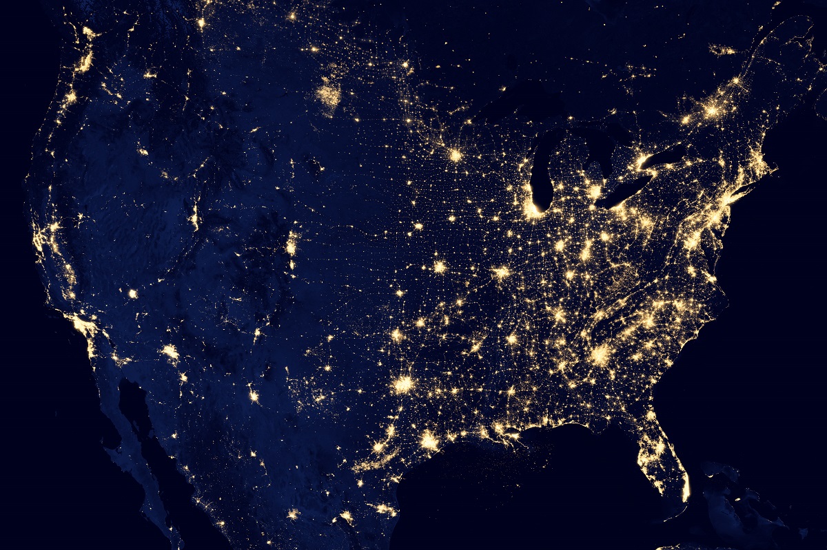Composite image of the United States’ city lights assembled from data acquired by the Suomi National Polar-orbiting Partnership (NPP) satellite