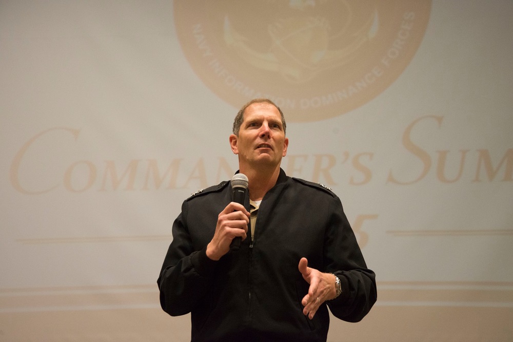 SUFFOLK, Va. (November 06, 2015) Rear Adm. Matthew J. Kohler, commander of Navy Information Dominance Forces (NAVIDFOR) Command delivers closing remarks to leadership from more than 60 commands at the close of NAVIDFOR's 2015 Commander's Summit. U.S. Navy photo by Michael J. Morris 