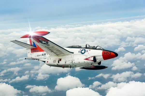 The U.S. Navy's last T-2C Buckeye takes its final flight over the Chesapeake Bay Sept. 25, 2015. Since 2008, three T-2s belonging to Air Test and Evaluation Squadron 20 at Naval Air Station Patuxent River, Maryland, had flown 1,978 sorties, 2,672 flight hours and 850 photo/safety chase events. U.S. Navy photo 