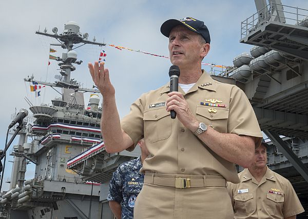 SAN DIEGO (Aug. 17, 2015) Chief of Naval Operations (CNO) Adm. Jonathan Greenert speaks with Sailors assigned to the aircraft carrier USS George Washington (CVN 73) during a barbeque sponsored by the Cooks from the Valley volunteer organization at Naval Base Coronado. George Washington is conducting hull swap with the aircraft carrier USS Ronald Reagan (CVN 76). Ronald Reagan will relieve George Washington as the Navy's only forward-deployed aircraft carrier in Yokosuka, Japan, and George Washington will return to Newport News, Va., for a mid-life refueling complex overhaul. U.S. Navy photo by Mass Communication Specialist 3rd Class D'Andre L. Roden.