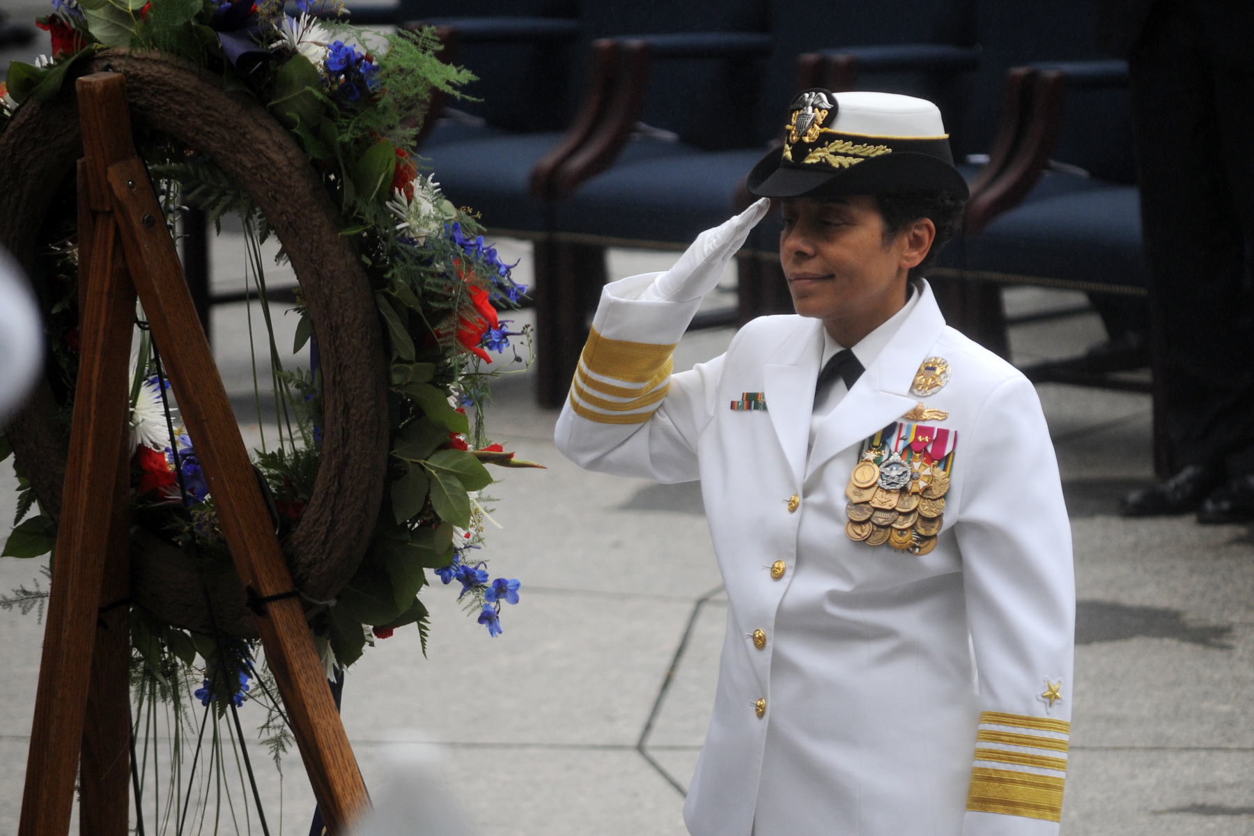 WASHINGTON (June 4, 2015) Vice Chief of Naval Operations (VCNO) Adm. Michelle Howard renders honors during a wreath laying at the Navy Memorial to commemorate the 73rd anniversary of the Battle of Midway. Photo courtesy of U.S. Navy.
