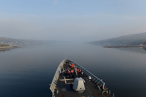 FASLANE, Scotland (April 9, 2015) The guided-missile cruiser USS Anzio (CG 68) arrives at Her Majesty's Naval Base, Clyde, for a scheduled port visit. Anzio is in Scotland to participate in Joint Warrior, a United Kingdom-led training exercise designed to provide NATO and allied forces with a unique multi-warfare environment in which to prepare for global operations. U.S. Navy photo by Mass Communication Specialist 2nd Class Abe McNatt.