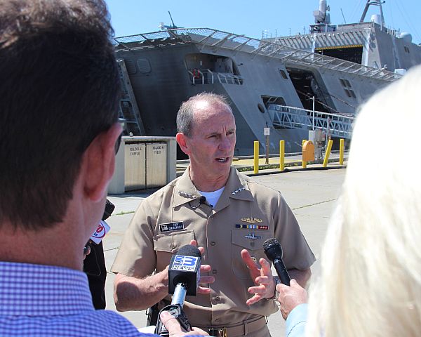 PENSACOLA, Fla. (April 1, 2015) Chief of Naval Operations (CNO) Adm. Jonathan Greenert stressed the versatility of the new Independence-class littoral combat ships (LCS) at a press conference at Naval Air Station Pensacola. Greenert's visit also included tours of local training commands. U.S. Navy photo by Ed Barker.