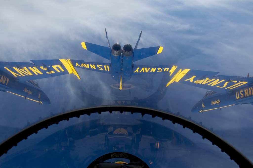 U.S. Navy flight demonstration squadron, the Blue Angels, Diamond pilots fly in formation over Naval Air Facility El Centro during a practice demonstration. Photo courtesy of U.S. Navy.