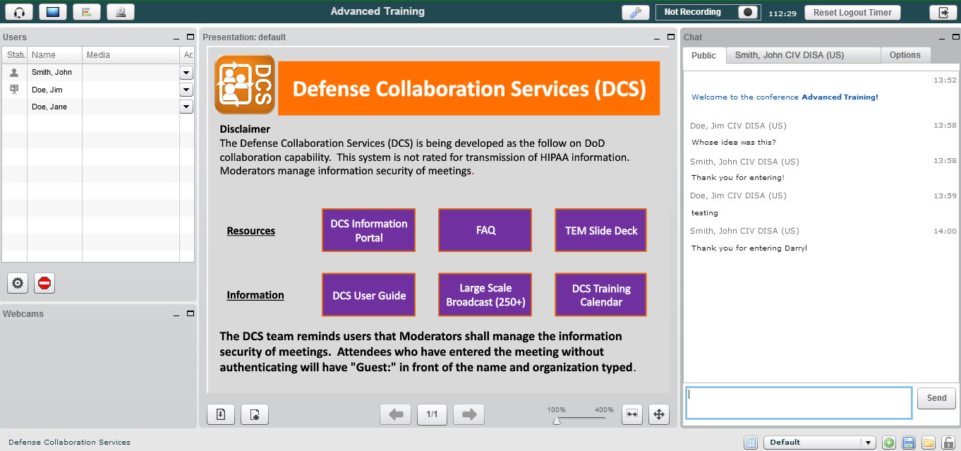 This screen shot shows the Defense Information Systems Agency’s new online collaboration tool, which offers Defense Department employees anywhere in the world secure Web conferencing, as well as secure instant messaging and chat capabilities. Photo illustration courtesy of DISA.