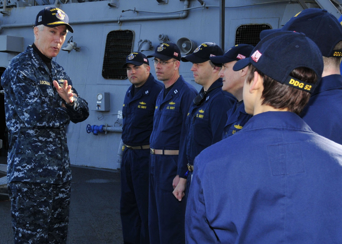 AUGUSTA BAY, Italy (March 31, 2011) Adm. Samuel J. Locklear, III, commander of Joint Task Force Odyssey Dawn, talks to Sailors about their efforts in support of Operation Odyssey Dawn aboard the Arleigh Burke-class guided-missile destroyer USS Barry (DDG 52). Joint Task Force Odyssey Dawn is the U.S. Africa Command task force established to provide operational and tactical command and control of U.S. military forces supporting the international response to the unrest in Libya and enforcement of United Nations Security Council Resolution (UNSCR) 1973. U.S. Navy photo by Mass Communication Specialist 3rd Class Jonathan Sunderman.