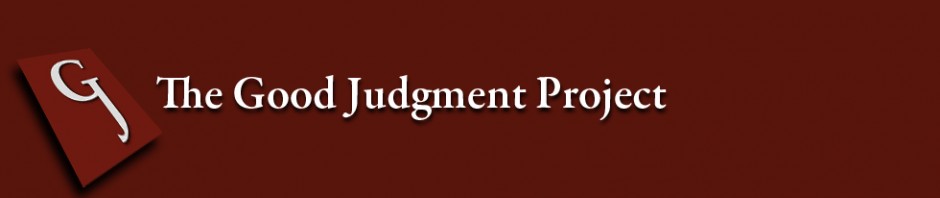 Good Judgment Project blog banner. The Good Judgment Project is a four-year research study organized as part of a government-sponsored forecasting tournament. Thousands of people around the world predict global events. Their collective forecasts are surprisingly accurate.