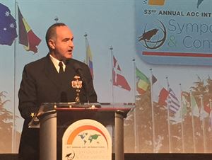Navy Vice Adm. Charles A. Richard addresses the Defense Department’s progress in electromagnetic spectrum operations during remarks at the 53rd Annual Association of Old Crows International Symposium and Convention in Washington, Nov. 29, 2016. The event highlights critical issues related to national defense, asymmetric warfare capabilities and the electronic warfare community. DoD photo by Amaani Lyle.