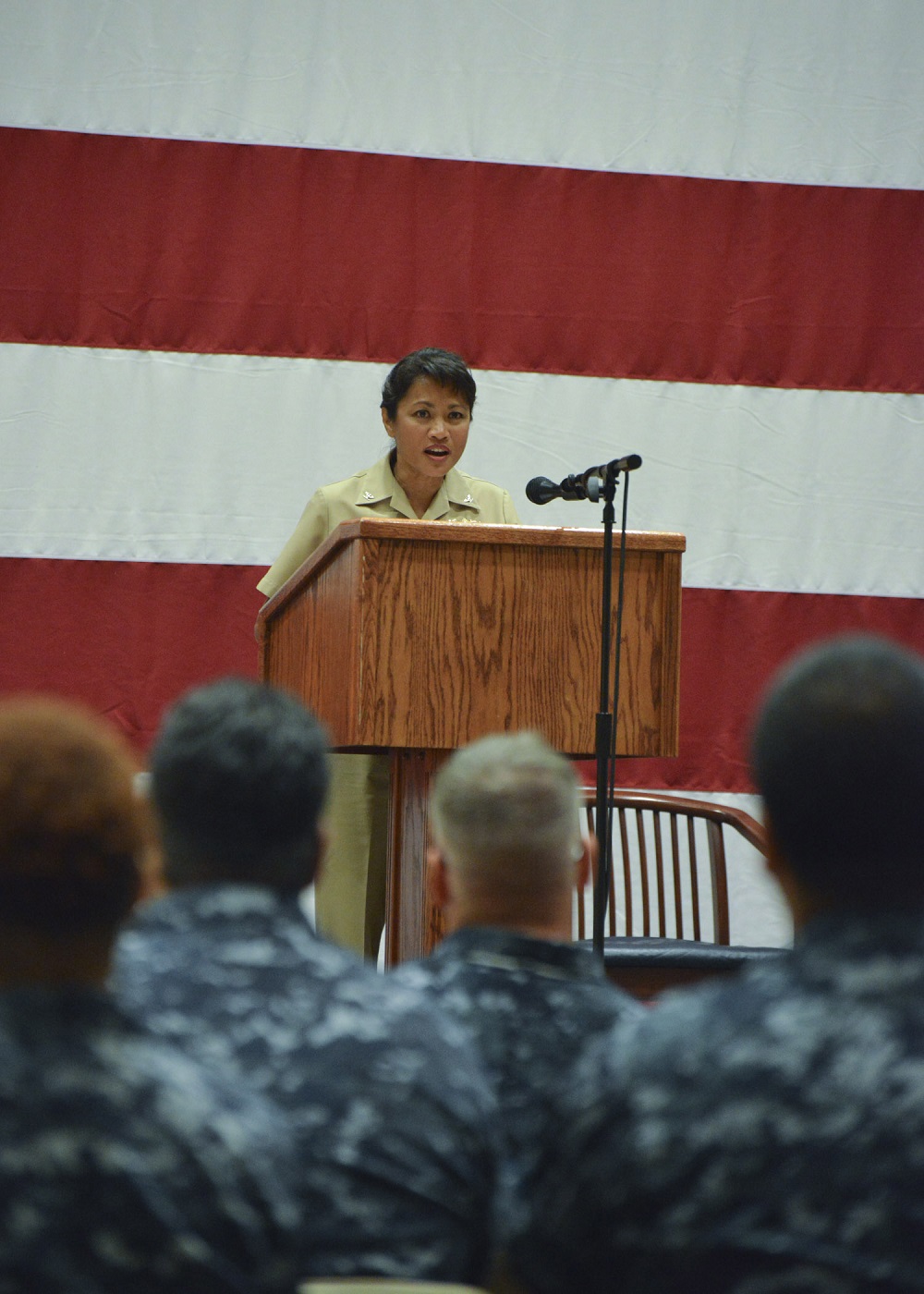 Capt. Lourdes Neilan, U.S. Fleet Forces Maritime Operations Center N-6, served as guest speaker for the event held in the Information Warfare Corps Hall of Heroes auditorium in Suffolk, Va. U.S. Navy photo by Robert Fluegel/Released 