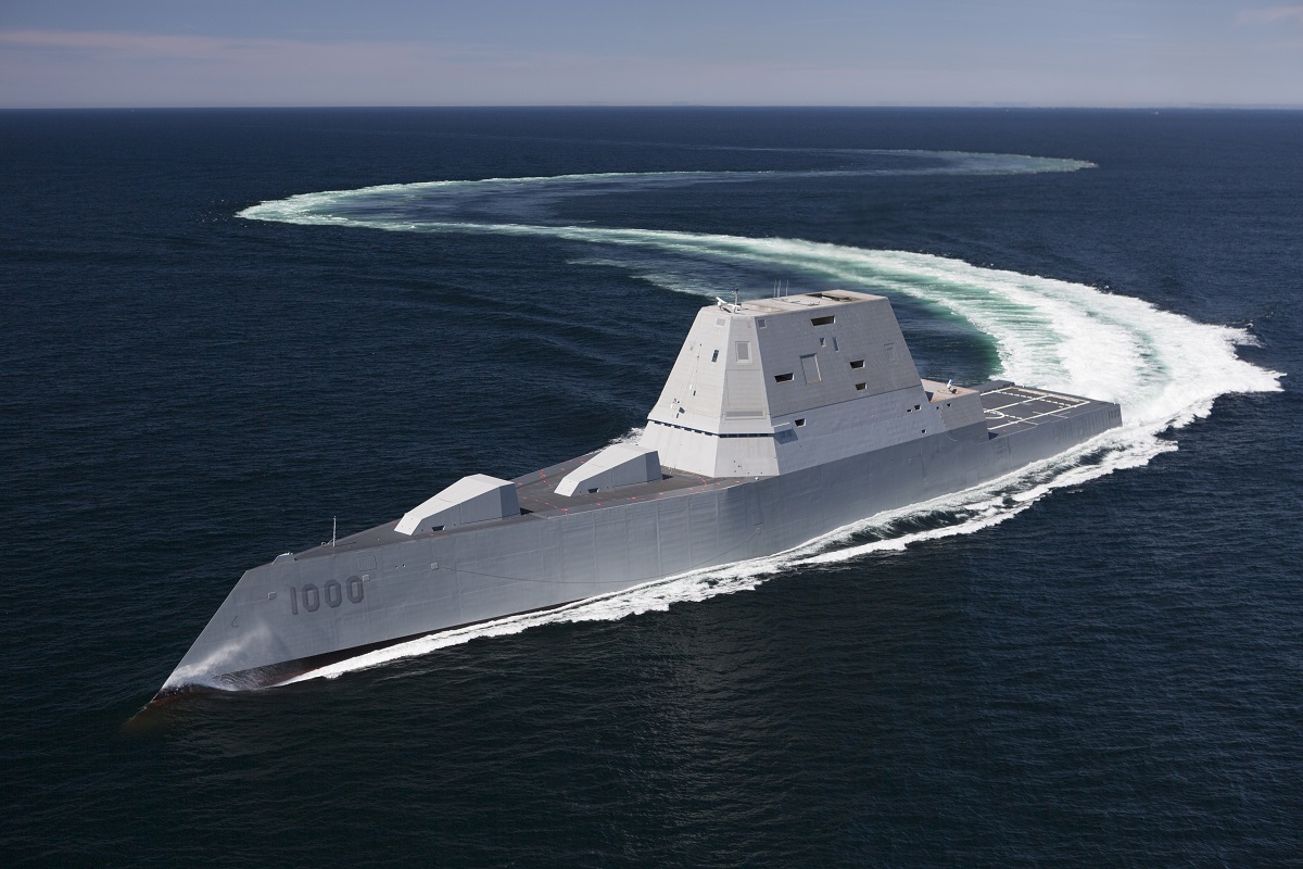 ATLANTIC OCEAN (April 21, 2016) The future guided-missile destroyer USS Zumwalt (DDG 1000) transits the Atlantic Ocean during acceptance trials April 21, 2016 with the Navy's Board of Inspection and Survey (INSURV). The U.S. Navy accepted delivery of DDG 1000, the future guided-missile destroyer USS Zumwalt (DDG 1000). Following a crew certification period and October commissioning ceremony in Baltimore, Zumwalt will transit to its homeport in San Diego for a Post Delivery Availability and Mission Systems Activation. DDG 1000 is the lead ship of the Zumwalt-class destroyers, next-generation, multi-mission surface combatants, tailored for land attack and littoral dominance.  U.S. Navy/Released


