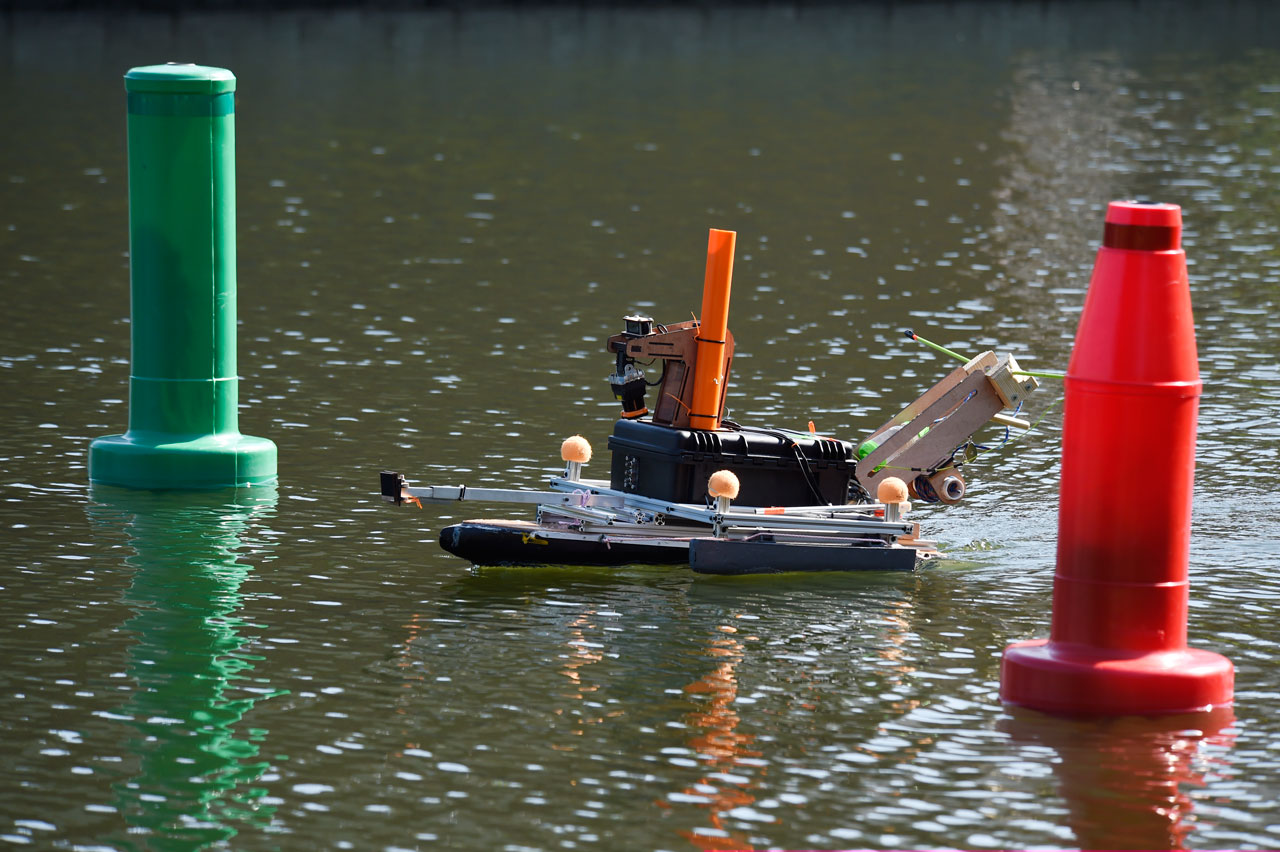 VIRGINIA BEACH, Va. (Jul. 8, 2016) An autonomous surface vehicles from Georgia Institute of Technology, navigates an obstacle course during the 9th annual AUVSI Foundation and Office of Naval Research-sponsored International RoboBoat competition held in Virginia Beach, Virginia. Student teams design autonomous, robotic boats to navigate and race through an aquatic obstacle course. U.S. Navy photo by John F. Williams 