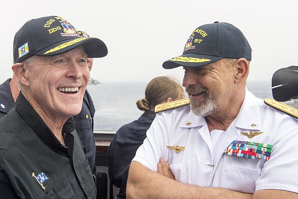 MEDITERRANEAN SEA (June 16, 2016) Secretary of the Navy Ray Mabus speaks with Chief of the Italian Navy Giuseppe de Giorgi on the bridge wing of the guided-missile destroyer USS Mason (DDG 87) during an alternative fuel replenishment-at-sea with the Italian replenishment oiler ITNS Etna (A5326). Mason, deployed as part of the Eisenhower Carrier Strike Group, is conducting naval operations in the U.S. 6th Fleet area of operations in support of U.S. national security interests in Europe. U.S. Navy photo by Mass Communication Specialist 3rd Class Anderson W. Branch.