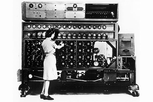 An Enigma decryption machine, called a “bombe.” This machine, made by National Cash Register of Dayton, Ohio, eliminated all possible encryptions from intercepted messages until it arrived at the correct solution. Air Force photo 