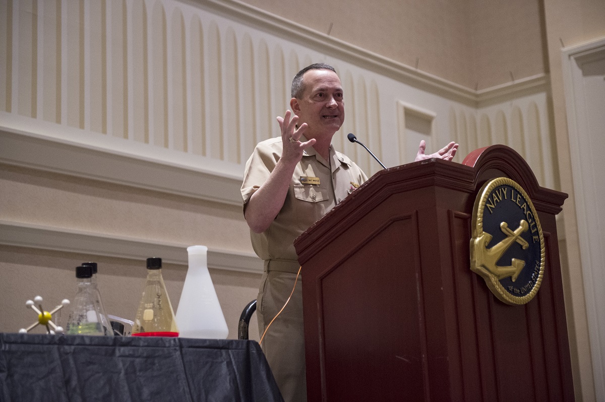 Rear Adm. Mat Winter, chief of naval research, talked about the importance of education and the need for a STEM-educated workforce during the 2015 Naval STEM Exposition. Winter will make another appearance at this year's event, to be held May 16-18 at the Gaylord Convention Center in National Harbor, Maryland.  U.S. Navy photo by John F. Williams/Released