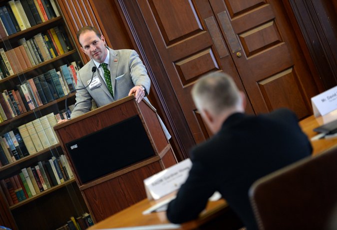 NEWPORT, R.I. (March 23, 2016) Derek Reveron, professor of national security affairs and EMC informationist chair at U.S. Naval War College (NWC), speaks to participants of the 2016 Maritime Strategy, EMC Chair symposium at NWC in Newport, Rhode Island. The two-day event brought together Department of Defense, academia, and policy community representatives to discuss maritime issues and their implications for understanding the types of missions combatant commanders will execute and types of equipment and training the sea services must provide to support these missions. U.S. Navy photo by Chief Mass Communication Specialist James E. Foehl