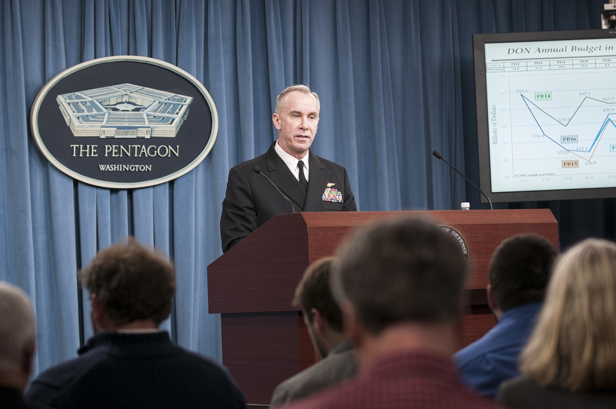 WASHINGTON (Feb. 9, 2016) Rear Adm. William K. Lescher, Deputy Assistant Secretary of the Navy for Budget (FMB) Director, Fiscal Management Division, OPNAV (N82), delivers remarks during a press briefing following the release of the Department of the Navy's proposed budget for fiscal year 2017. U.S. Navy photo by Mass Communication Specialist 2nd Class George M. Bell