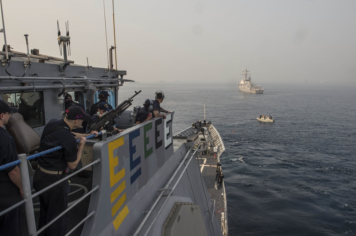 VISAKHAPATNAM, India (Feb. 4, 2016)  The Ticonderoga-class guided-missile cruiser USS Antietam (CG 54) anchors next to the Arleigh Burke-class guided-missile destroyer USS McCampbell (DDG 85) during India's International Fleet Review (IFR) 2016. IFR 2016 is an international military exercise hosted by the Indian Navy to help enhance mutual trust and confidence with navies from around the world. Antietam and McCampbell, forward deployed to Yokosuka, Japan, are on patrol in the 7th Fleet area of operations in support of security and stability in the Indo-Asia-Pacific. U.S. Navy photo by Mass Communication Specialist 3rd Class David Flewellyn 