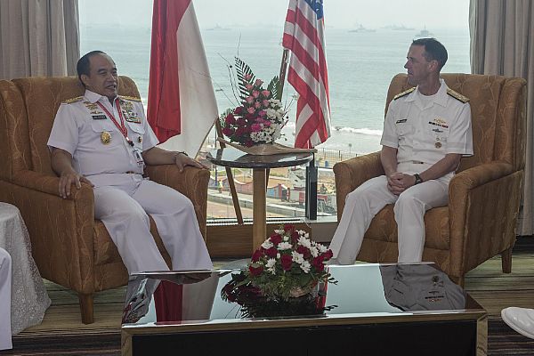 VISAKHAPATNAM, India (Feb. 5, 2016) Chief of Naval Operations Adm. John Richardson meets with Indonesian Chief of Navy Adm. Ade Supandi, during India's International Fleet Review (IFR) 2016. IFR 2016 is an international military exercise hosted by the Indian Navy to help enhance mutual trust and confidence with navies from around the world. More than 50 navies around the world are participating, allowing the host nation an occasion to display its maritime capabilities and the "bridges of friendship" it has built with other maritime nations. U.S. Navy photo by Mass Communication Specialist 3rd Class David Flewellyn.