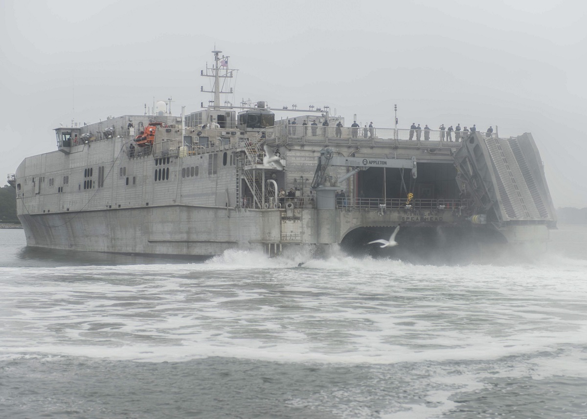 VIRGINIA BEACH, Va. (Dec. 30, 2015) The Military Sealift Command expeditionary fast-transport vessel USNS Spearhead (T-EPF 1) departs Joint Expeditionary Base Little Creek-Fort Story. Spearhead is scheduled to deploy to the U.S. 6th Fleet area of operations to support the international collaborative capacity-building program Africa Partnership Station and associated exercises. U.S. Navy photo by Mass Communication Specialist 3rd Class Bill Dodge 