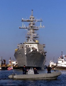 Pascagoula, Miss. (Sept. 14, 2001) Ð The Arliegh Burke class destroyer USS Cole (DDG 67) is back in the water. Cole was relaunched at Northrop Grumman Ship Systems Ingalls Operations in Pascagoula, Miss., after repairs on her hull were completed. The ship was transported to Pascagoula following the October 12, 2000 terrorist attack in Yemen. U.S. Navy photo 