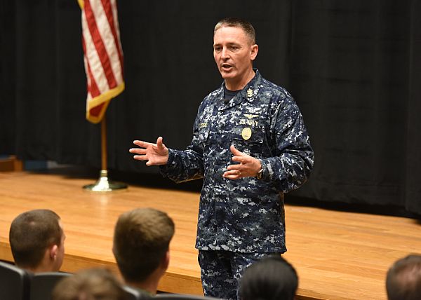 CHINHAE, Republic of Korea, (June 24, 2015) Master Chief Petty Officer of the Navy (MCPON) Mike Stevens speaks with Sailors during an all-hands call as part of a visit to Commander, Fleet Activities Chinhae. U.S. Navy photo by Mass Communication Specialist 1st Class Abraham Essenmacher.