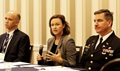 (Left to right) Dr. Paul Cordts, the Military Health System’s functional champion in the development of MHS GENESIS, the military’s new electronic health record keeping system, Stacy Cummings, program executive officer for the Defense Healthcare Management Systems, and Army Col. Richard Wilson, a division chief in the Health Information Technology directorate at the Defense Health Agency, talk about the development and deployment of MHS GENESIS at AMSUS 2016 on Nov. 29, 2016.