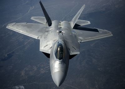 An Air Force F-22 Raptor aircraft assigned to Langley Air Force Base transits after refueling during exercise Red Flag at Nellis Air Force Base, Nev., July 18, 2016. This iteration of Red Flag specifically focused on multi-domain operations in air, space and cyberspace -- one of the future-war challenges areas that spurred the department to launch the recent Operational Challenges Crowdsourcing Initiative. Air Force photo by Tech. Sgt. David Salanitri.