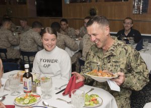 U.S. 5TH FLEET AREA OF OPERATIONS (Nov. 24, 2016) Chief of Naval Operations Adm. John Richardson has Thanksgiving dinner with Sailors and Marines aboard the amphibious assault ship USS Wasp (LHD 1). (U.S. Navy photo by Petty Officer 3rd Class Rawad Madanat/Released)