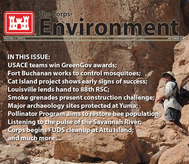 IN THIS ISSUE:
USACE teams win GreenGov awards;
Fort Buchanan works to control mosquitoes;
Cat Island project shows early signs of success;
Louisville lends hand to 88th RSC;
Smoke grenades present construction challenge;
Major archaeology sites protected at Yuma;
Pollinator Program aims to restore bee population;
Listening to the pulse of the Savannah River;
Corps begins FUDS cleanup at Attu Island;
and much more ...
