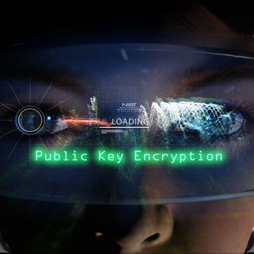 illustration for post quantum encryption that includes a woman's face, NIST logo and the words Public Key Encryption