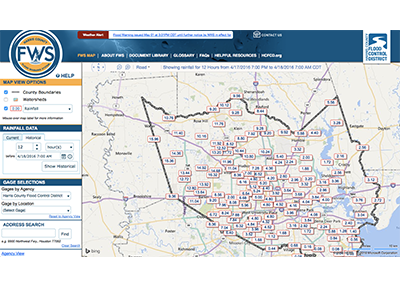 Screen shot of Harris County Flood Warning System interface showing rainfall totals